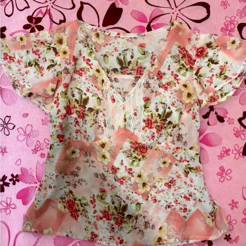 Floral Lace-Trim Sheer Blouse in Peach and Cream